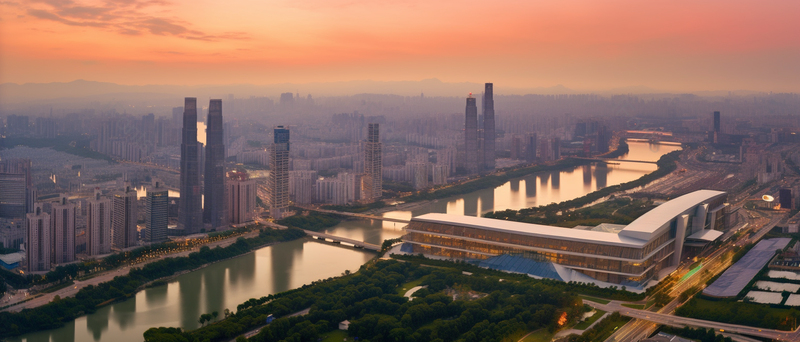 黄昏时的全景航拍河流穿过的繁华的城市会展馆会展中心,高清,摄影图,摄影图片,图片大全,摄影图免费下载